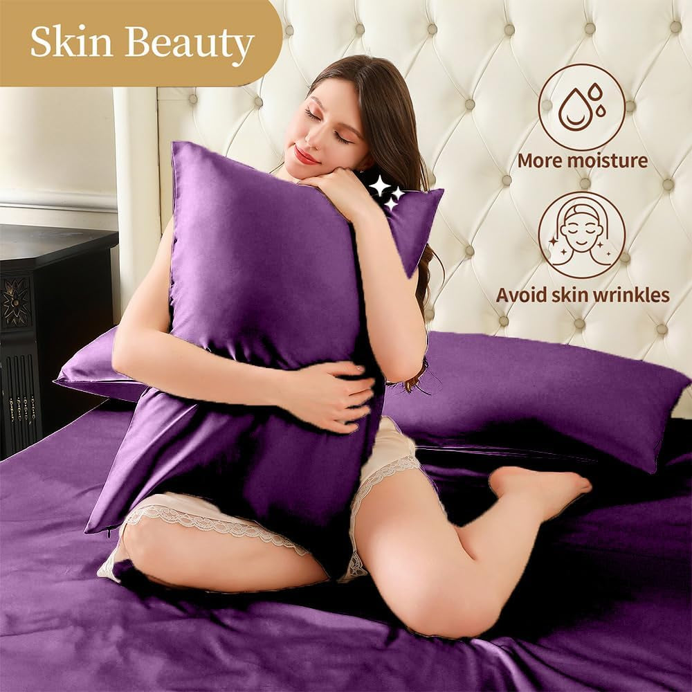 Mulberry Silk Pillow Cases Set of 2, Both Sides Real Silk Pillowcase for Hair and Skin Prevent Acne Pillowcase Organic Silk Pillowcases with Hidden Zipper（2 Pack, Purple, Queen）