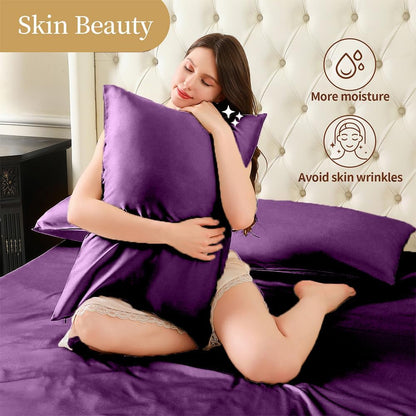 Mulberry Silk Pillow Cases Set of 2, Both Sides Real Silk Pillowcase for Hair and Skin Prevent Acne Pillowcase Organic Silk Pillowcases with Hidden Zipper（2 Pack, Purple, Queen）