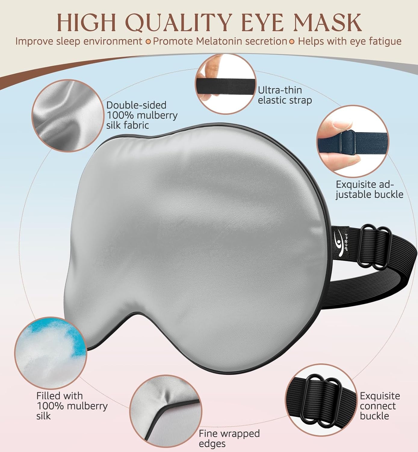 Silk Sleep Mask, 100% Natural Mulberry Silk of Double-Sided & Inner-Filling, Ultra-Smooth Soft, Adjustable Strap, Blocks Light for Night Sleeping, Travel, Office Naps (Gray)