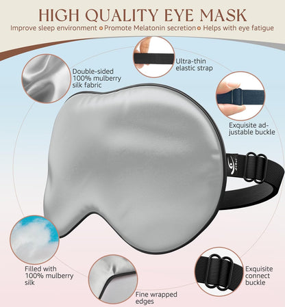 Silk Sleep Mask, 100% Natural Mulberry Silk of Double-Sided & Inner-Filling, Ultra-Smooth Soft, Adjustable Strap, Blocks Light for Night Sleeping, Travel, Office Naps (Gray)