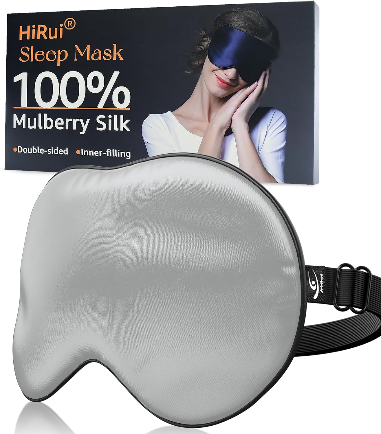 Silk Sleep Mask, 100% Natural Mulberry Silk of Double-Sided & Inner-Filling, Ultra-Smooth Soft, Adjustable Strap, Blocks Light for Night Sleeping, Travel, Office Naps (Gray)