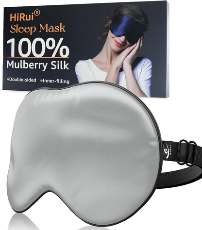 Silk Sleep Mask, 100% Natural Mulberry Silk of Double-Sided & Inner-Filling, Ultra-Smooth Soft, Adjustable Strap, Blocks Light for Night Sleeping, Travel, Office Naps (Gray)