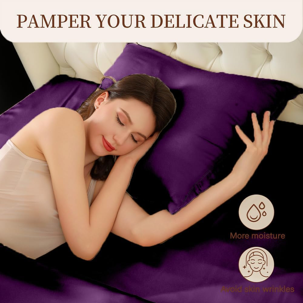 Mulberry Silk Pillow Cases Set of 2, Both Sides Real Silk Pillowcase for Hair and Skin Prevent Acne Pillowcase Organic Silk Pillowcases with Hidden Zipper（2 Pack, Purple, Queen）