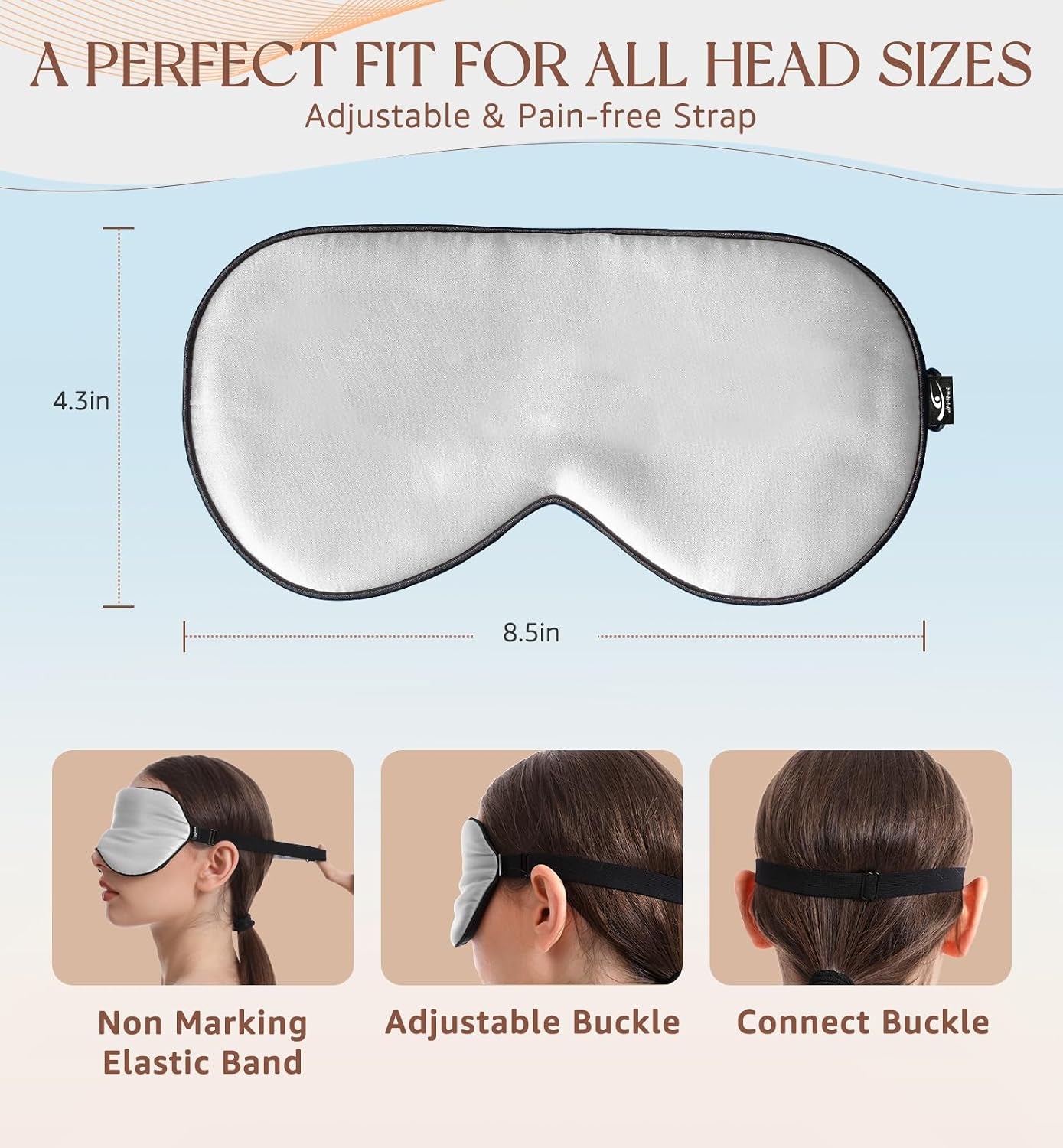 Silk Sleep Mask, 100% Natural Mulberry Silk of Double-Sided & Inner-Filling, Ultra-Smooth Soft, Adjustable Strap, Blocks Light for Night Sleeping, Travel, Office Naps (Gray)