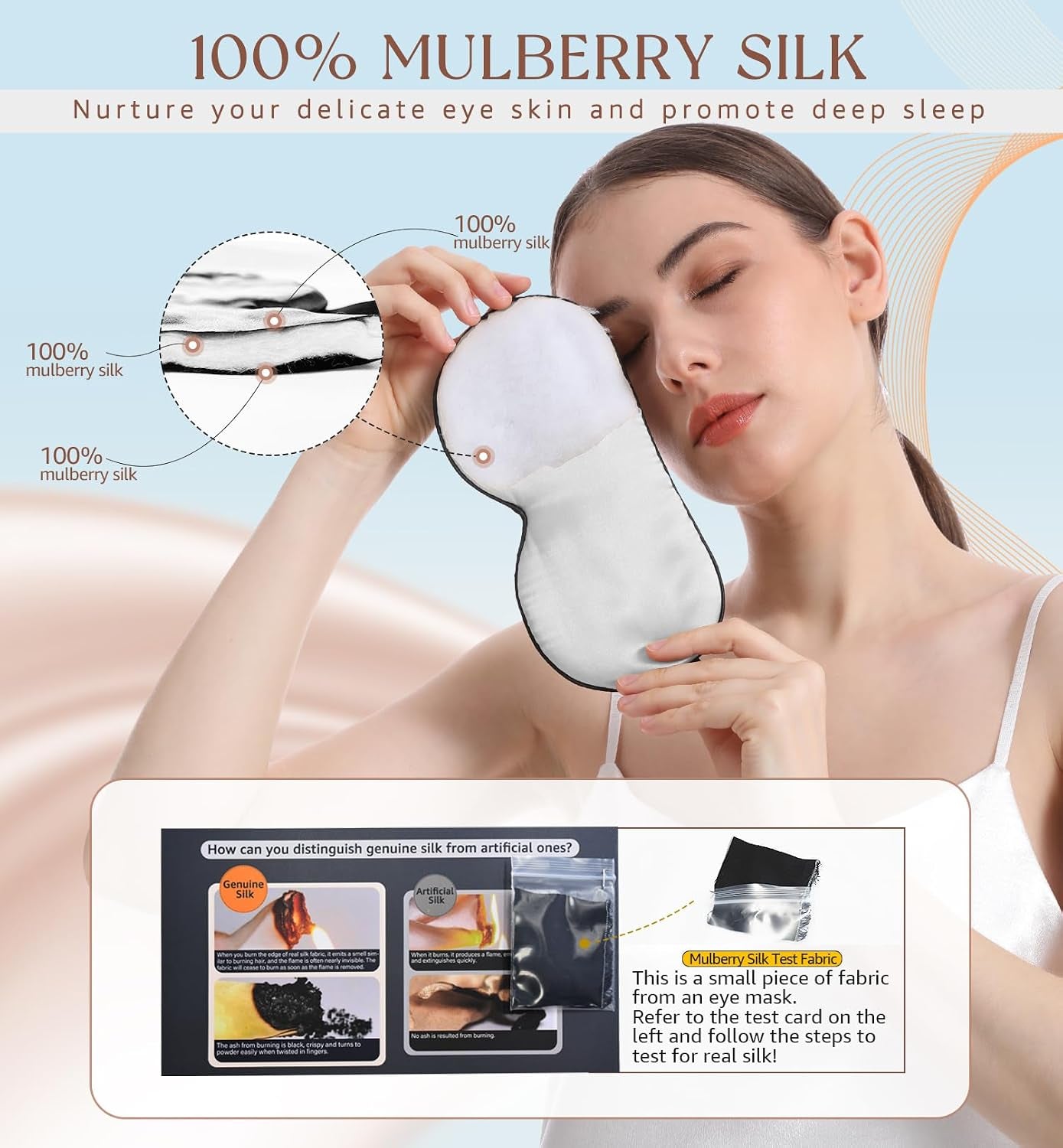 Silk Sleep Mask, 100% Natural Mulberry Silk of Double-Sided & Inner-Filling, Ultra-Smooth Soft, Adjustable Strap, Blocks Light for Night Sleeping, Travel, Office Naps (Gray)