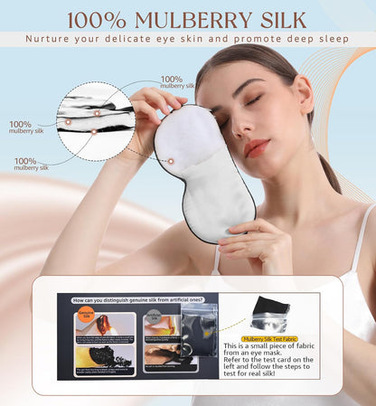 Silk Sleep Mask, 100% Natural Mulberry Silk of Double-Sided & Inner-Filling, Ultra-Smooth Soft, Adjustable Strap, Blocks Light for Night Sleeping, Travel, Office Naps (Gray)